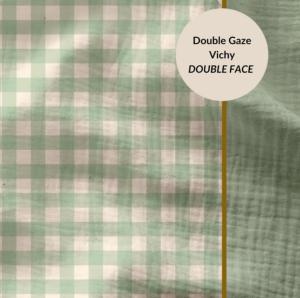 TISSU 100% COTON  double gaze vichy vert - Bi Face